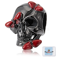 1Pc 925 Sterling Silver European Beads, Large Hole Beads, with Enamel, Skull with Butterfly, Dark Red, 12x8.5x8mm, Hole: 4.5mm(FIND-BBC0002-93)