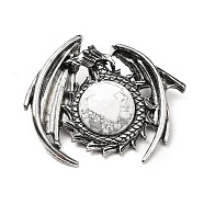 Natural Howlite Pendants, Dragon Charms, with Rack Plating Antique Silver Tone Alloy Findings, Cadmium Free & Lead Free, 40x48x12mm, Hole: 9x6mm(G-B033-05AS-22)