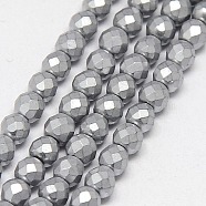 Electroplate Non-magnetic Synthetic Hematite Beads Strands, Faceted, Frosted, Round, Grade A, Silver Plated, 3mm, Hole: 1mm, about 127pcs/strand, 16 inch(G-J169C-3mm-07)