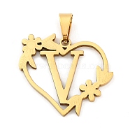 Ion Plating(IP) 201 Stainless Steel Pendants, Heart with Letter Charms, Golden, Letter V, 23x25x1.5mm, Hole: 7.5x3.5mm(STAS-N103-183G-V)