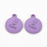 Spray Painted Alloy Pendants, Cadmium Free & Lead Free, Flat Round with Word For Today, Medium Purple, 17x14x1.5mm, Hole: 1.8mm(PALLOY-Q433-030H-RS)