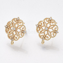 Brass Stud Earring Findings, Cubic Zirconia and Loop, Nickel Free, Real 18K Gold Plated, Flower, Clear, 13x12mm, Hole: 0.8mm, Pin: 0.8mm(X-KK-T038-491D)