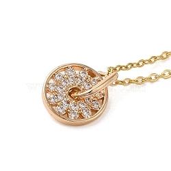 Brass Micro Pave Clear Cubic Zirconia Pendant Necklaces for Women, 201 Stainless Steel Cable Chain Necklaces, Flat Round, 15.75 inch(40cm)(NJEW-E106-08KCG-01)