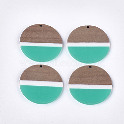 Resin & Walnut Wood Pendants, Flat Round, Medium Turquoise, 38~38.5x3mm, Hole: 2mm(RESI-S358-72B)