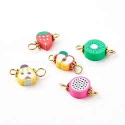 Mixed Fruit Polymer Clay Links Connectors, with 304 Stainless Steel Eye Pins, Alloy Daisy Spacer Beads, Golden, Mixed Color, 8~10x17~19x4~4.5mm, Hole: 2~3mm(PALLOY-JF00728)