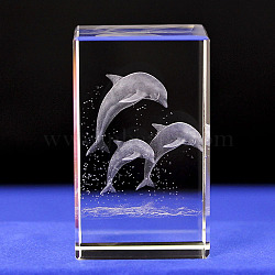 3D Laser Engraving Animal Glass Figurine, for Home Office Desktop Ornaments, Cuboid, Dolphin, 39.5x39.5x59.5mm(DJEW-R013-01F)