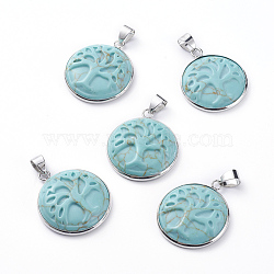 Synthetic Turquoise Pendants, with Platinum Tone Brass Pendant Settings, Flat Round with Tree, 28~29x24~25x6~7mm, Hole: 6x4mm(G-G807-B04)