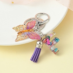 Resin Letter & Acrylic Butterfly Charms Keychain, Tassel Pendant Keychain with Alloy Keychain Clasp, Letter F, 9cm(KEYC-YW00001-06)