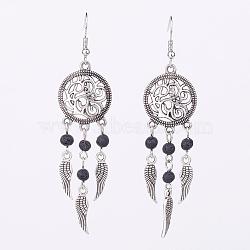 Natural Lava Rock Chandelier Earrings, with Brass Earring Hooks, Alloy Findings, Tibetan Style Alloy Wing, Packing Box, 82mm, Pin: 0.6mm(EJEW-JE02425-01)
