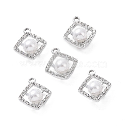 Alloy Rhinestone Pendants, with ABS Plastic Imitation Pearl Beads, Rhombus Charm, Platinum, 22.5x18.5x9mm, Hole: 2.5mm(ALRI-C008-63P)