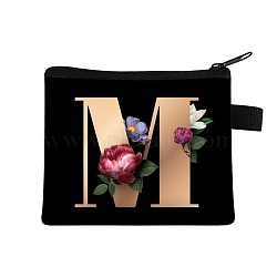 Initial Letter with Flower Cosmetic Bag, Polyester Wallets with Zipper, Black Change Purse, Clutch Bag for Women, Letter M, 11x13.5cm(PW-WG1F7F6-10)