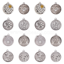 32Pcs 8 Style Tibetan Style Alloy Pendants, Flat Round with Mixed Pattern Charms, Thai Sterling Silver Plated, 23~25x19.5~21.5x1.5~3mm, Hole: 2mm,  4pcs/style(FIND-DC0002-85)