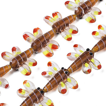 Autumn Theme Handmade Lampwork Beads Strands, Dragonfly, Saddle Brown, 25~27x35~37x7~9mm, Hole: 1.2mm, about 20pcs/strand, 18.50~19.69 inch(47~50cm)