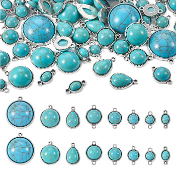 Pandahall DIY Jewelry Making Finding Kit, Including Teardrop & Half Round Resin Imitation Turquoise Pendants & Connector Charms, with Alloy Findings, Lead Free & Cadmium Free & Nickel Free, Turquoise, 16~28x8.5~18x4.5~9mm, Hole: 1.5~2mm, 70Pcs/box