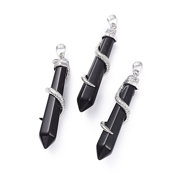 Natural Obsidian Big Pointed Pendants, with Platinum Plated Brass Bails, Faceted, Bullet with Snake, 59~61.5x11~12x11~12mm, Hole: 5x8mm