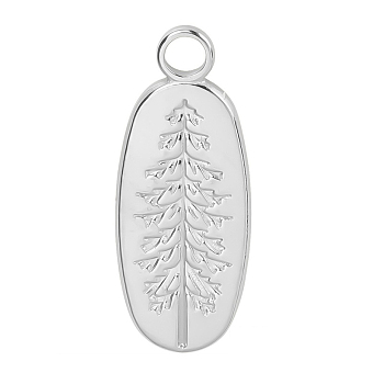 201 Stainless Steel Pendants, Oval with Pine Tree Charm, Stainless Steel Color, 24x10x1.5mm, Hole: 3mm