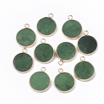 Natural White Jade Pendants, with Golden Tone Brass Open Back Bezel, Dyed, Flat Round, Green, 20.5x16.5x4mm, Hole: 2mm