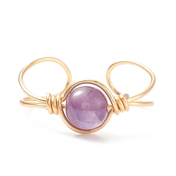 Natural Amethyst Round Beaded Open Cuff Ring, Copper Wire Wrap Gemstone Jewelry for Women, Golden, US Size 9(18.9mm)