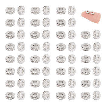 80PCS 201 Stainless Steel Spacer Beads, Flat Round with Diamond Texture, Stainless Steel Color, 5x2mm, Hole: 2mm