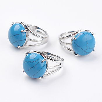 Adjustable Synthetic Turquoise Finger Rings, with Brass Findings, 17.5mm