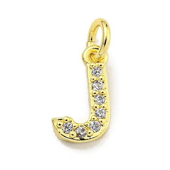 Letter Brass Micro Pave Clear Cubic Zirconia Pendants, Jump Ring, Real 18K Gold Plated, Letter J, 9x5.8x1.8mm, Jump Ring: 4x0.9mm, Hole: 2.5mm