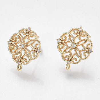 Brass Stud Earring Findings, Cubic Zirconia and Loop, Nickel Free, Real 18K Gold Plated, Flower, Clear, 13x12mm, Hole: 0.8mm, Pin: 0.8mm