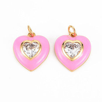 Brass Enamel Pendants, with Clear Cubic Zirconia and Jump Ring, Nickel Free, Golden, Heart, Pearl Pink, 17.5x15.5x4.5mm, Hole: 3.5mm