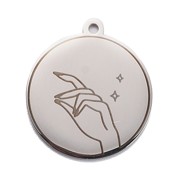 304 Stainless Steel Pendants, Flat Round with Hand and Star, Stainless Steel Color, 28x25x1.4mm, Hole: 2mm