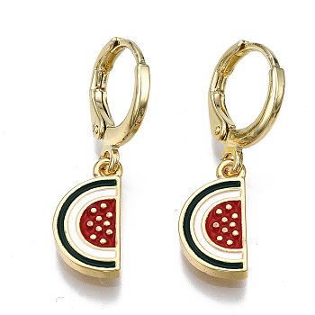 Brass Enamel Huggie Hoop Earrings, Nickel Free, Watermelon, Real 16K Gold Plated, Red, 26.5x7.5mm, Pin: 1mm