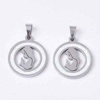 201 Stainless Steel Pendants, with Shell and Random Size Snap on Bails, Flat Round with Girl, Stainless Steel Color, 23x20x2mm, Hole: 7~10x3~5mm