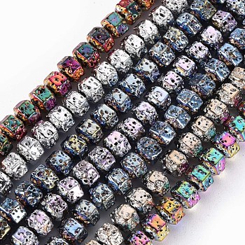 Electroplated Natural Lava Rock Beads Strands, Hexagon, Bumpy, Mixed Color, 6x7x5.5mm, Hole: 1.2mm, about 73pcs/strand, 15.75 inch(40cm)