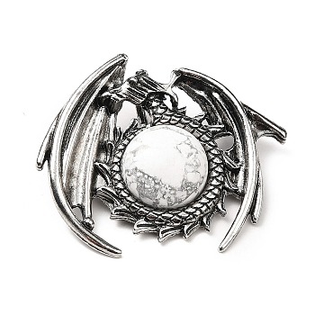 Natural Howlite Pendants, Dragon Charms, with Rack Plating Antique Silver Tone Alloy Findings, Cadmium Free & Lead Free, 40x48x12mm, Hole: 9x6mm
