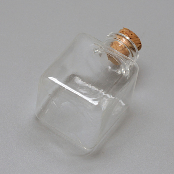 Glass Bottle Bead Containers, with Cork Stopper, Wishing Bottle, Cube, Clear, 33x22x22mm, Hole: 6.5mm, Bottleneck: 10mm in diameter, Capacity: 8ml(0.27 fl. oz)