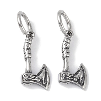 316 Surgical Stainless Steel Axe Hoop Earrings for Women, Antique Silver, 29x14mm