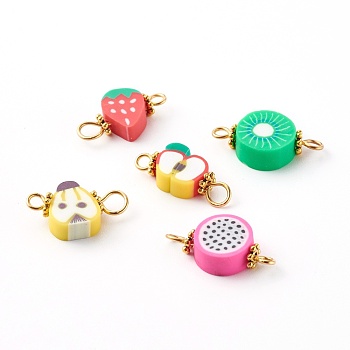 Mixed Fruit Polymer Clay Links Connectors, with 304 Stainless Steel Eye Pins, Alloy Daisy Spacer Beads, Golden, Mixed Color, 8~10x17~19x4~4.5mm, Hole: 2~3mm