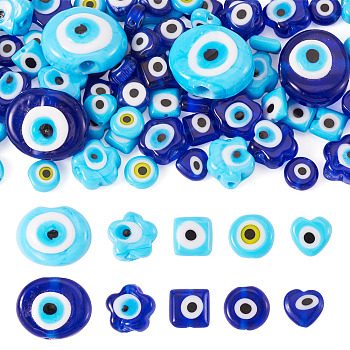 68Pcs 10 Styles Handmade Evil Eye Lampwork Beads, Mixed Shape, Mixed Color, 7.5~17x7.5~21x3~11mm, Hole: 0.5~1.6mm