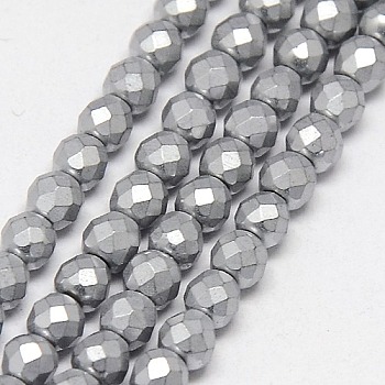 Electroplate Non-magnetic Synthetic Hematite Beads Strands, Faceted, Frosted, Round, Grade A, Silver Plated, 3mm, Hole: 1mm, about 127pcs/strand, 16 inch