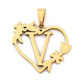 Ion Plating(IP) 201 Stainless Steel Pendants, Heart with Letter Charms, Golden, Letter V, 23x25x1.5mm, Hole: 7.5x3.5mm