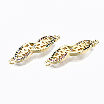 5Pcs Brass Micro Pave Colorful Cubic Zirconia Links Connectors, Nickel Free, Mom, Real 16K Gold Plated, 8x28x3mm, Hole: 1.4mm