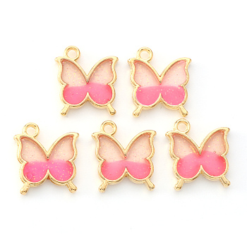 Light Gold Plated Alloy Enamel Pendants, with Glitter Sequin, Butterfly, Deep Pink, 15.5x14x1.5mm, Hole: 1.6mm