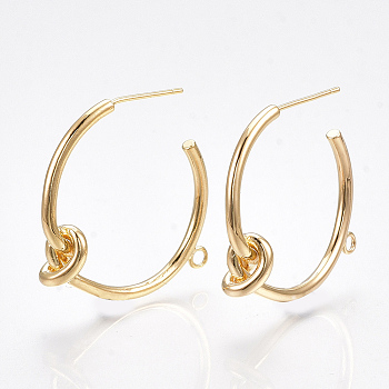 Brass Stud Earring Findings, Half Hoop Earrings, Knot, Nickel Free, Real 18K Gold Plated, 29x27x7mm, Hole: 1.6mm, Pin: 0.7mm