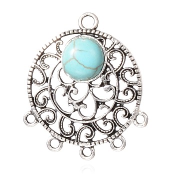 Tibetan Style Alloy Chandelier Components, Flat Round, with Synthetic Turquoise, Antique Silver, 35x30x6mm, Hole: 3mm