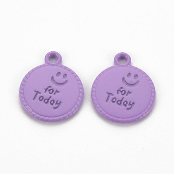 Spray Painted Alloy Pendants, Cadmium Free & Lead Free, Flat Round with Word For Today, Medium Purple, 17x14x1.5mm, Hole: 1.8mm