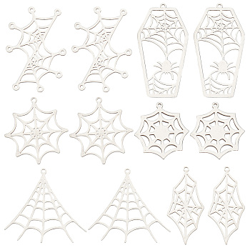 12Pcs 6 Style 201 Stainless Steel Pendants, Laser Cut, Spider Web, Stainless Steel Color, 28~45x18~36x1mm, Hole: 1.4~1.6mm, 2pcs/style