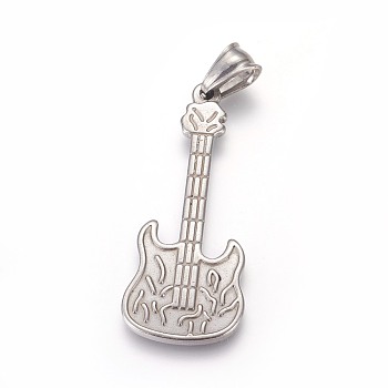 304 Stainless Steel Pendants, Guitar, Stainless Steel Color, 44x18.5x2mm, Hole: 4x6mm