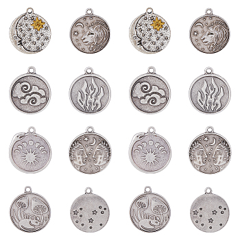 32Pcs 8 Style Tibetan Style Alloy Pendants, Flat Round with Mixed Pattern Charms, Thai Sterling Silver Plated, 23~25x19.5~21.5x1.5~3mm, Hole: 2mm,  4pcs/style