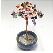 Natural Gemstone Chips Tree Display Decorations, with Random Color Porcelain Bowls, Copper Wire Wrapped Feng Shui Ornament for Fortune, 66x100~110mm(PW23051679271)