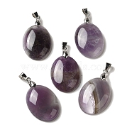 Natural Amethyst Pendants, Oval Charms with Rack Plating Platinum Plated Brass Snap on Bails, 30x21.5~22x6~6.5mm, Hole: 6x4mm(G-Z055-03P-11)