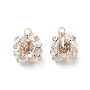 Clear Glass Charms, with Brass Findings, Cube, Real 18K Gold Plated, 11x9.5x11mm, Hole: 1.4mm(KK-M233-31G)