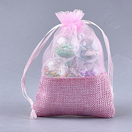 Organza Bags, with Burlap Cloth, Drawstring Bags, Rectangle, Pink, 17~18x12.4~13cm(X-OP-T004-01B-06)
